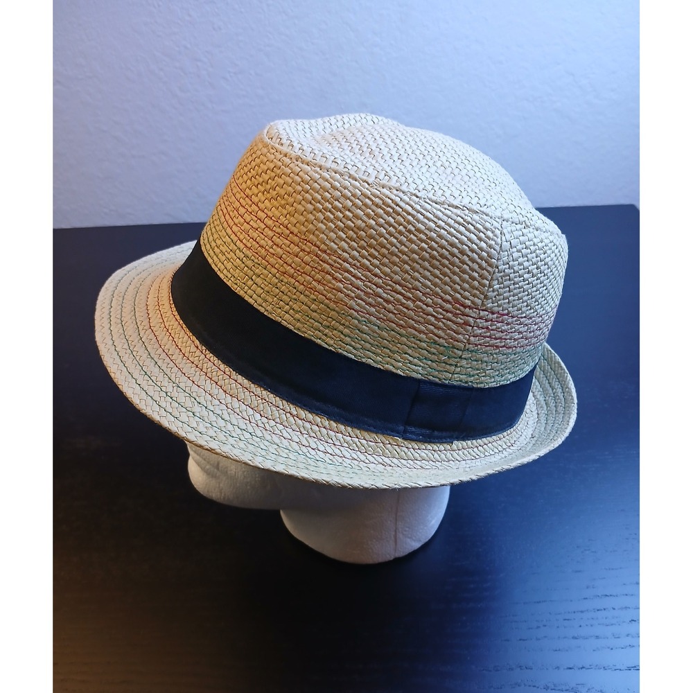 Mens Tan Woven Straw Fedora Hat black Ribbon Band Summer Sun Hat